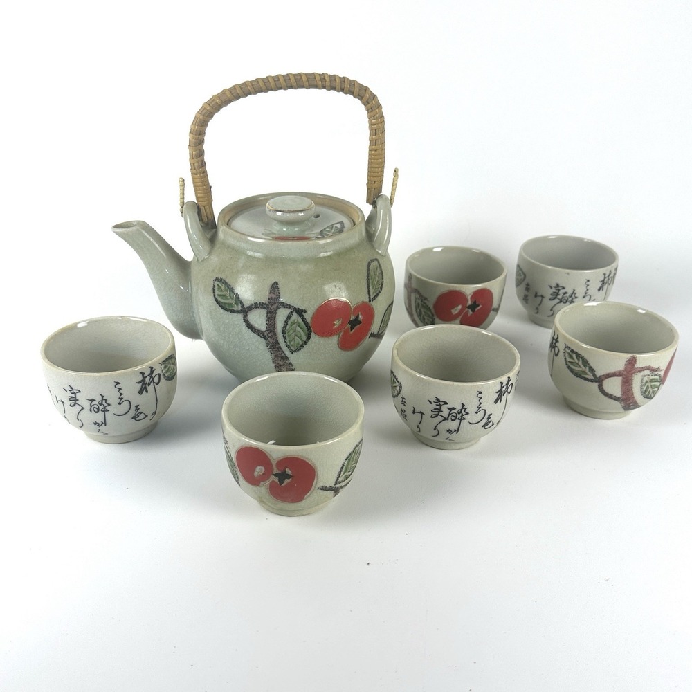Vintage Japanese Art Pottery Tea Set Teapot &6 Cups. Celadon Glaze Calligraphy